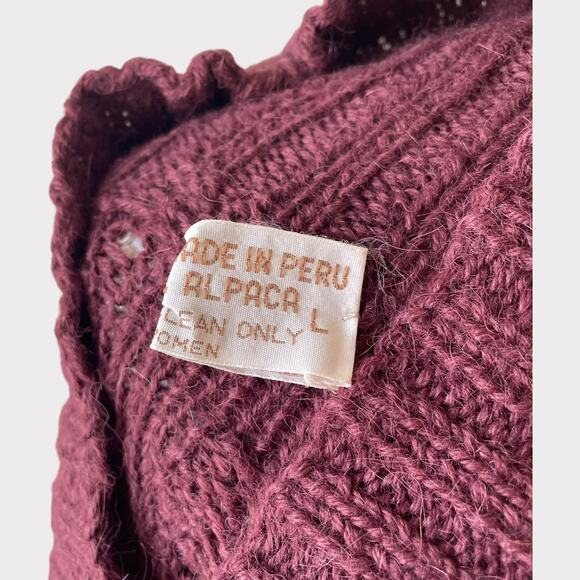 Peruvian 100% Alpaca Sweater Cable Knit Purple Shawl Collar Long Sleeve Large - Picture 6 of 8